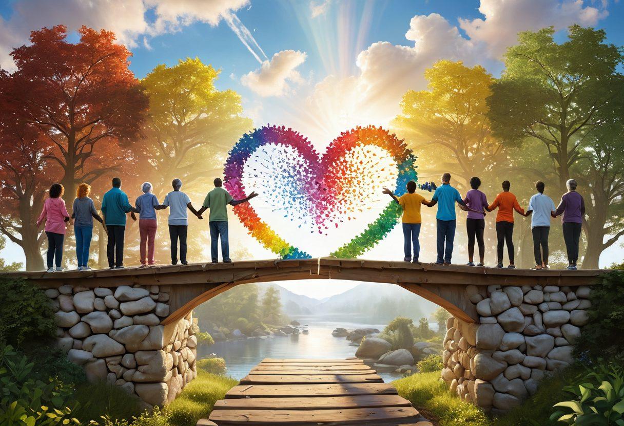 A powerful visual of diverse community members joining hands across a symbolic bridge, representing unity and support for survivors. Brightly colored heart shapes scattered throughout the scene to symbolize compassion and hope. In the background, a serene landscape illustrating growth and healing, with sunlight breaking through clouds. super-realistic. vibrant colors. uplifting atmosphere.