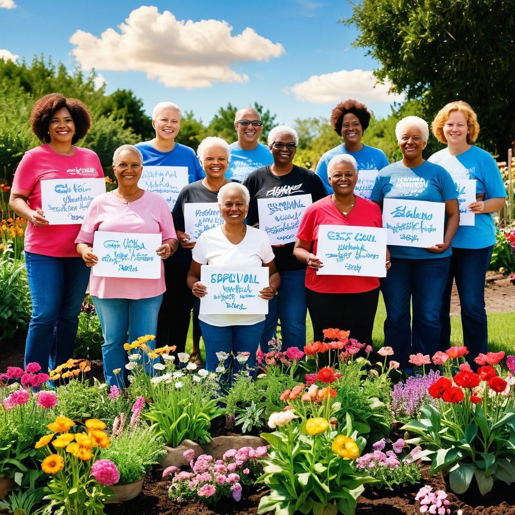 A diverse group of cancer survivors standing together in a vibrant community garden, symbolizing hope and resilience. Each person holds a sign with empowering messages about survival and support. The background features blooming flowers and a sunny sky, capturing the essence of transformation and healing. The scene should convey warmth, strength, and unity. super-realistic. vibrant colors. natural lighting.