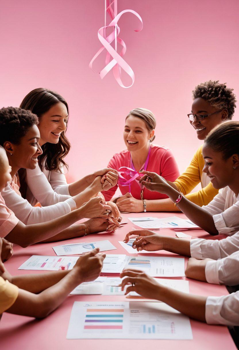 A dynamic scene depicting a diverse group of people engaging in a collaborative workshop about cancer education, with visual elements such as infographics about cancer statistics, supportive gestures like hugs or handshakes, and symbolic items like ribbons. The setting is bright and inviting, suggesting a hopeful atmosphere for change. Include a soft glow around the participants to convey positivity and transformation. super-realistic. vibrant colors. bright background.